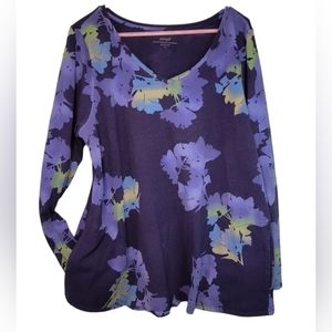 Pure Jill Women's Printed Tee With Pockets Long Sleeve Blue Floral Pattern SZ XL
